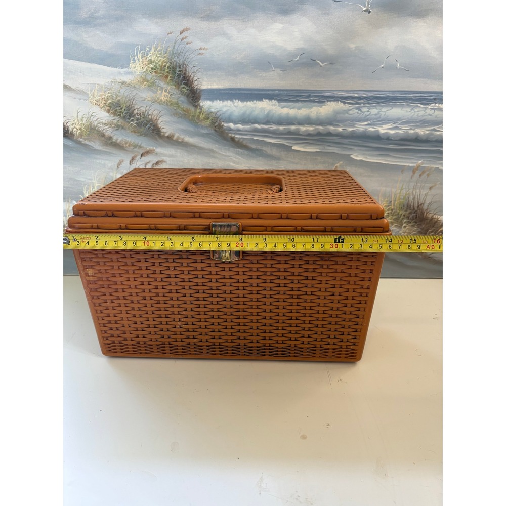 Vintage Burnt Orange Faux Wicker Plastic Sewing Basket Box with Tray & Thread - Picture 9 of 11